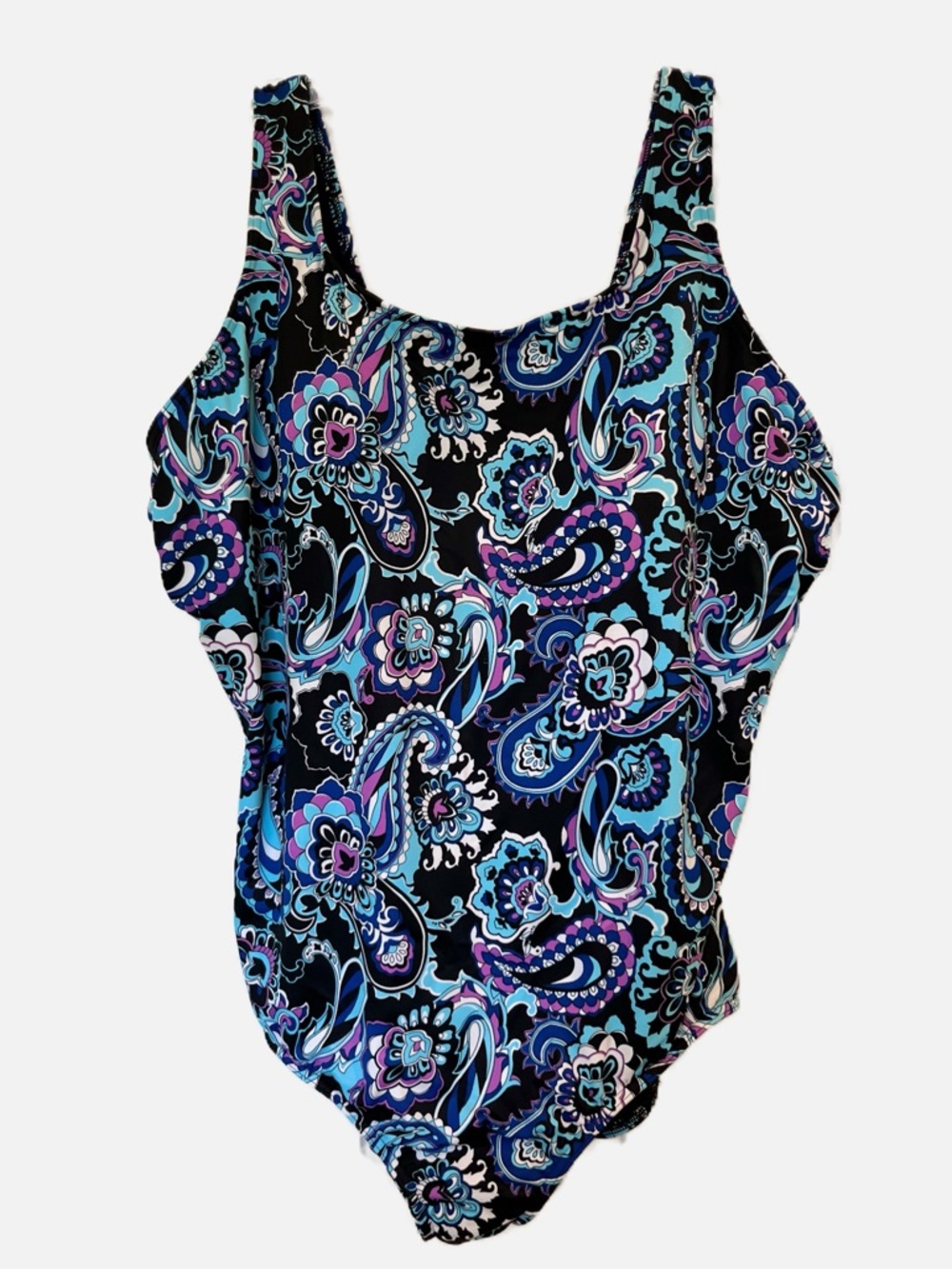 Lands' End Black One-Piece Swimsuit with Blue & Purple Paisley